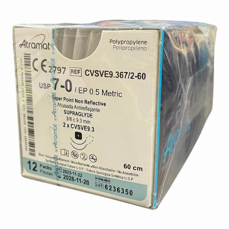 Поліпропілен монофіламент синій, не розсмоктується USP 7-0 (EP0.5), дві колючих чорних голки 9.3мм, 3/8кола, довж. нитки 60см